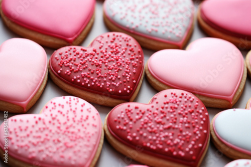 Heart-shaped cookies with pink and red icing, close-up, white background
