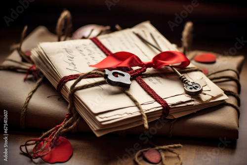 Love letters tied with a red ribbon, vintage ink pen alongside, soft-focus background