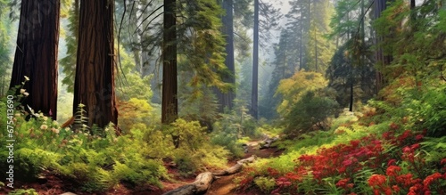 The lush forest in the California park dazzled with vibrant colors during the day showcasing the rich botany and diverse fauna From the colorful flora to the textured bark and fur of the wi