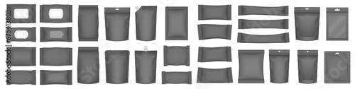 Set of realistic pouch mockups. Black flow pack, sachet, zip bag and doypack. Ice cream wrapper. Sheet mask. Soap or wet wipes packaging. Cardboard box with transparent window and hanging hole
