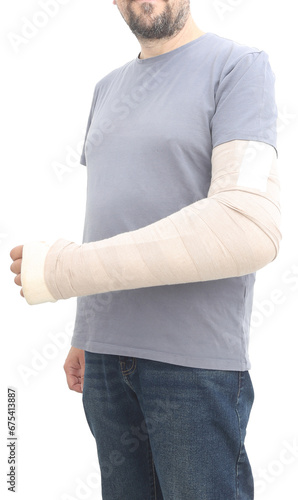 fracture in the arm bandaged and wrapped in a brace photo