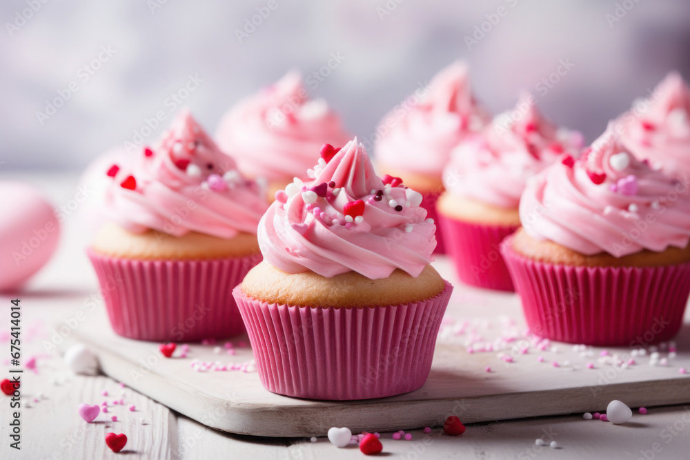 High-Detail Valentine's Themed Cupcakes with Pink Frosting and Heart Sprinkles