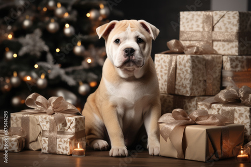 Purebred dog lying on sofa near gift packages