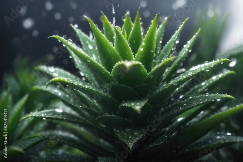 closeup of an aloe vera plant covered in rain. ai generative