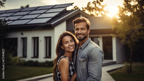Couple in the house with solar panels. Happy caucasian couple standing on front of a house with solar panels. Smiling couple standing in the driveway of a large house.  © Naknakhone