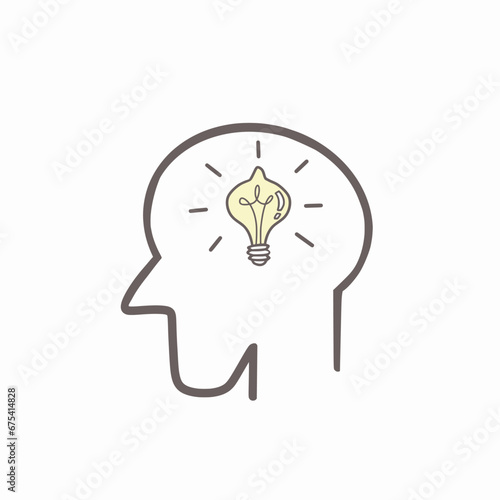 Head with a blinking light bulb inside. Cartoon vector Illustration, New idea concept