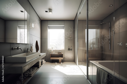 Interior of bathroom in luxury house in Bauhaus style.