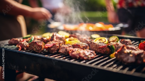 Barbecue on the grill seen up close and people in the blurred background  Generative AI