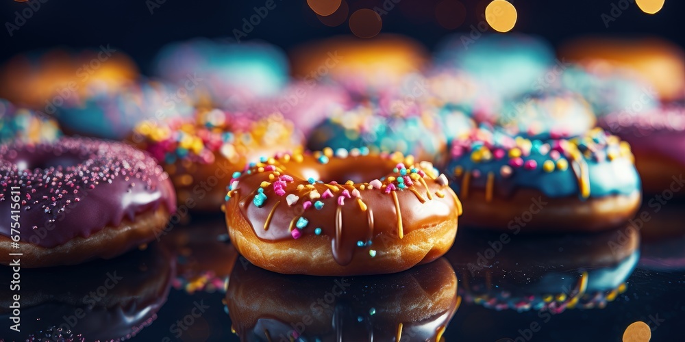 Colorful donuts seen close up on blurred background in bokeh style, Generative AI - obrazy, fototapety, plakaty 