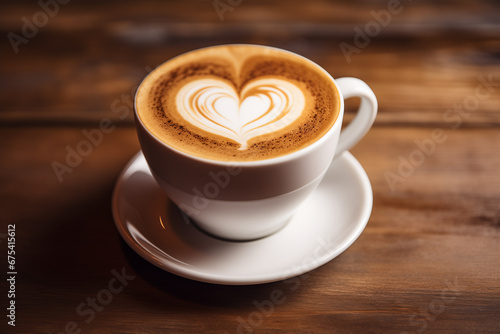 Cup of coffee latte with heart shape on old wooden background. Generative AI