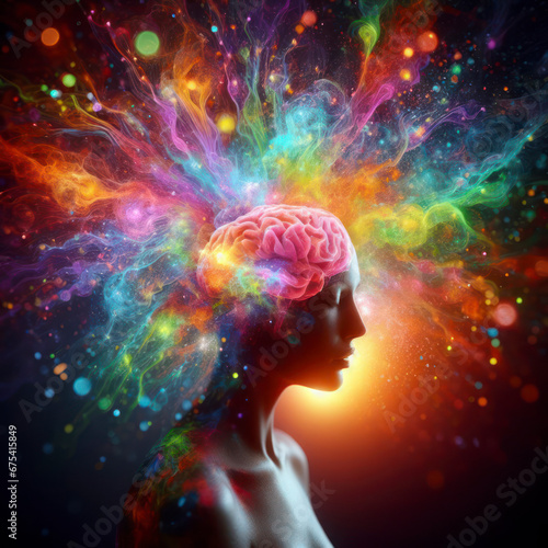 Rainbow human brain explosion, world mental health day. ai generative