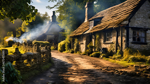 Rustic thatched-roof cottage, Countryside charm, Stone walls with smoke from chimney photo