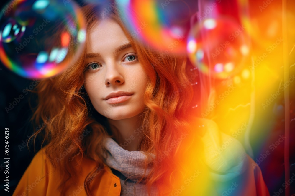 Fototapeta premium happy woman on colorful background with rainbow soap balloon with gradient