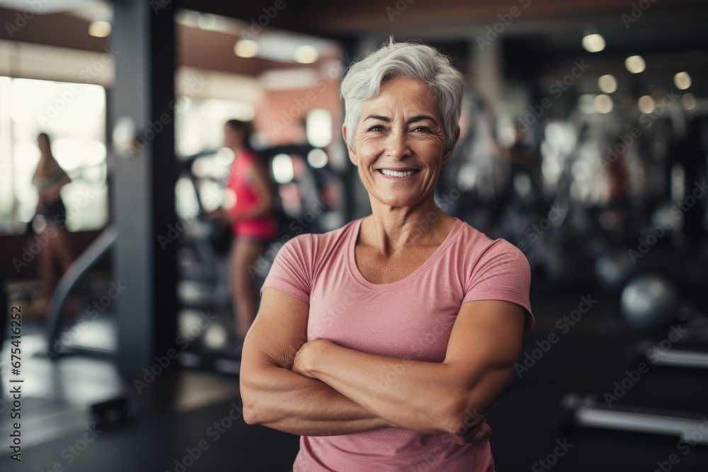 Fototapeta premium Elderly woman with arms crossed in gym. Middle-aged woman in gym, Generative AI 