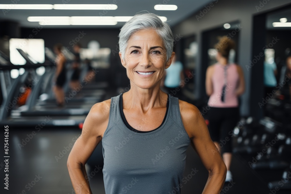 Fototapeta premium Smiling middle-aged woman in workout clothes at the gym, elderly woman with short hair with fit body in the gym, Generative AI