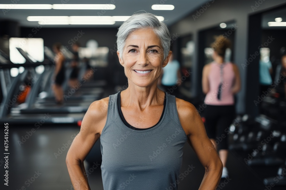 Smiling middle-aged woman in workout clothes at the gym, elderly woman with short hair with fit body in the gym, Generative AI