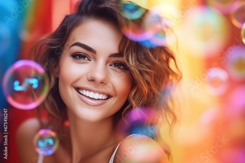 happy smiling woman on colorful background with rainbow soap balloon with gradient