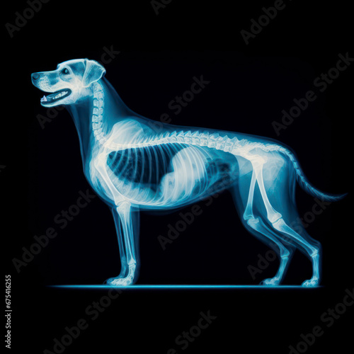 X-ray of a dog full body blue tone radiograph on a black background. ai generative