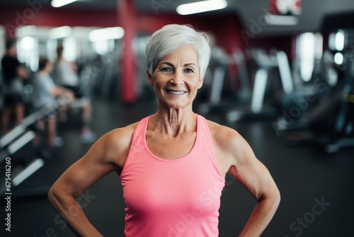 Smiling middle-aged woman in workout clothes at the gym, elderly woman with short hair with fit body in the gym, Generative AI