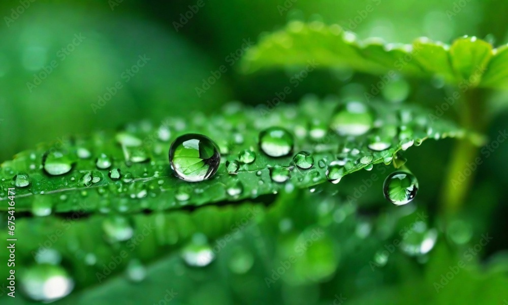 Close-up of green fresh plant leaves. Clean water drops sparkling on green leaf. Natural summer or spring background
