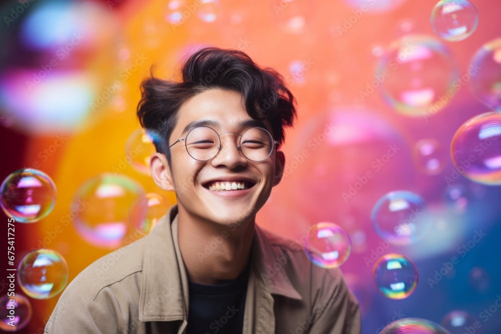 happy smiling asian man on colorful background with rainbow soap balloon with gradient happy smiling asian man on colorful background with rainbow soap balloon with gradient