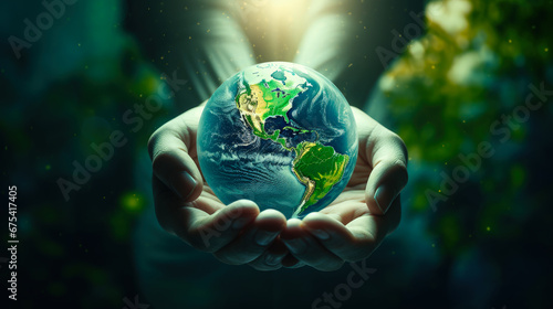 Close up of human hands holding glowing green planet. Earth day concept.