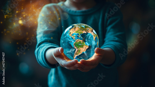 Close up of human hands holding glowing green planet. Earth day concept.