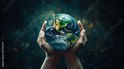 Close up of human hands holding glowing green planet. Earth day concept.