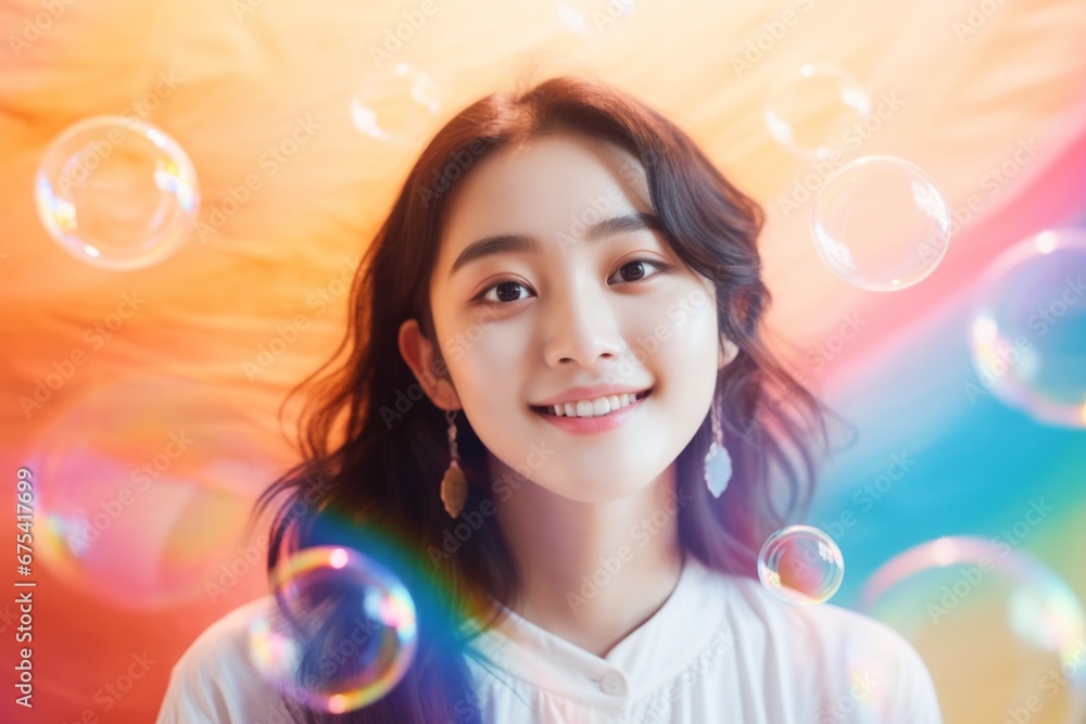 happy smiling asian woman on colorful background with rainbow soap balloon with gradient happy smiling asian woman on colorful background with rainbow soap balloon with gradient