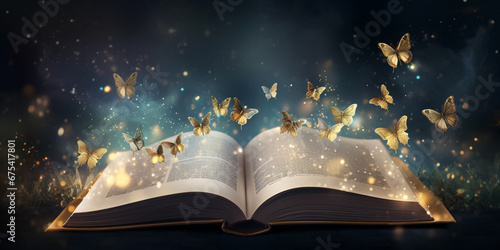 Fairy tale magical open diary with butterflies and golden sparkles. Generative Ai © trompinex