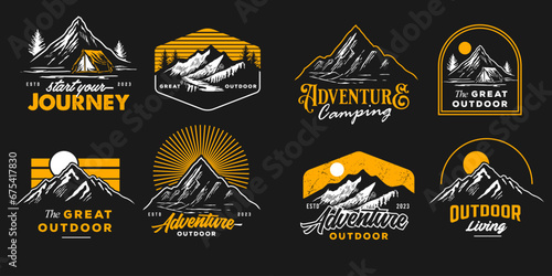 white and yellow mountain adventure hipster badges on black background. Vintage Outdoor mountains Summer Camp Logo Patches. vector emblem designs. Great for shirts, stamps, stickers logos and labels