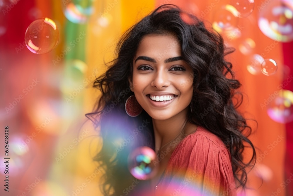 happy smiling indian woman on colorful background with rainbow soap balloon with gradient happy smiling indian woman on colorful background with rainbow soap balloon with gradient
