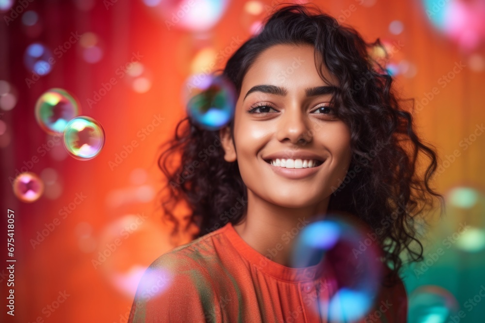 Fototapeta premium happy smiling indian woman on colorful background with rainbow soap balloon with gradient