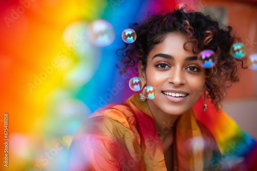 happy smiling indian woman on colorful background with rainbow soap balloon with gradient