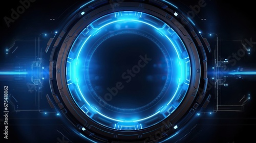 Abstract futuristic background of blue neon glowing technology sci fi frame. photo