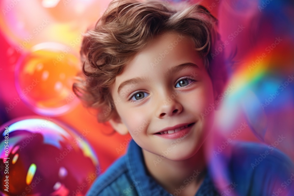 happy child boy on colorful background with rainbow soap balloon with gradient happy child boy on colorful background with rainbow soap balloon with gradient