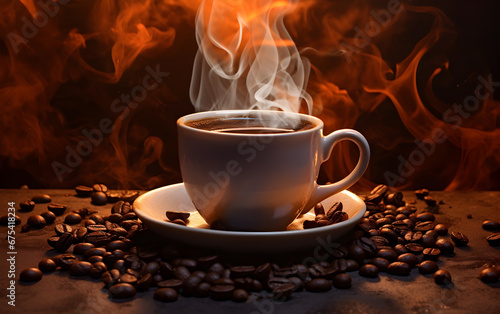 coffee cup and coffee beans on table smoke out