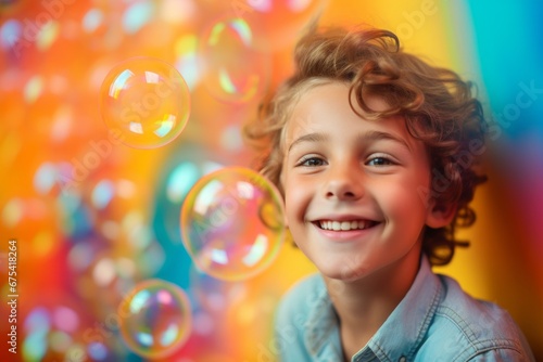 happy smiling child boy on colorful background with rainbow soap balloon with gradient