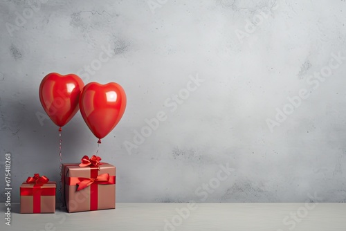 two red balloons are floating together with a gift box in front of a gray wall Generative AI