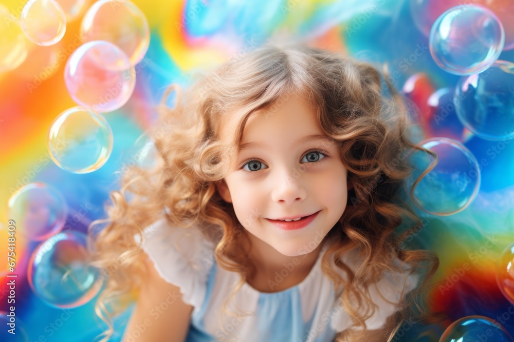 happy child girl on colorful background with rainbow soap balloon with gradient