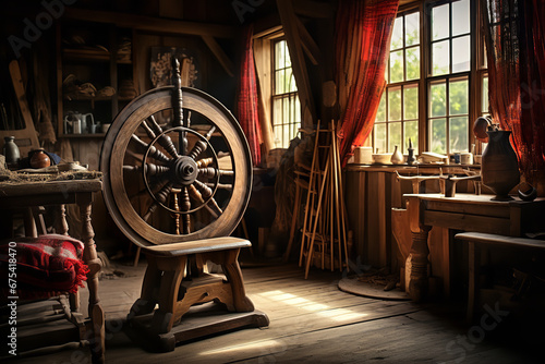 A vintage spinning wheel sits in a cozy cottage interior, framed by warm lighting and rustic decor photo