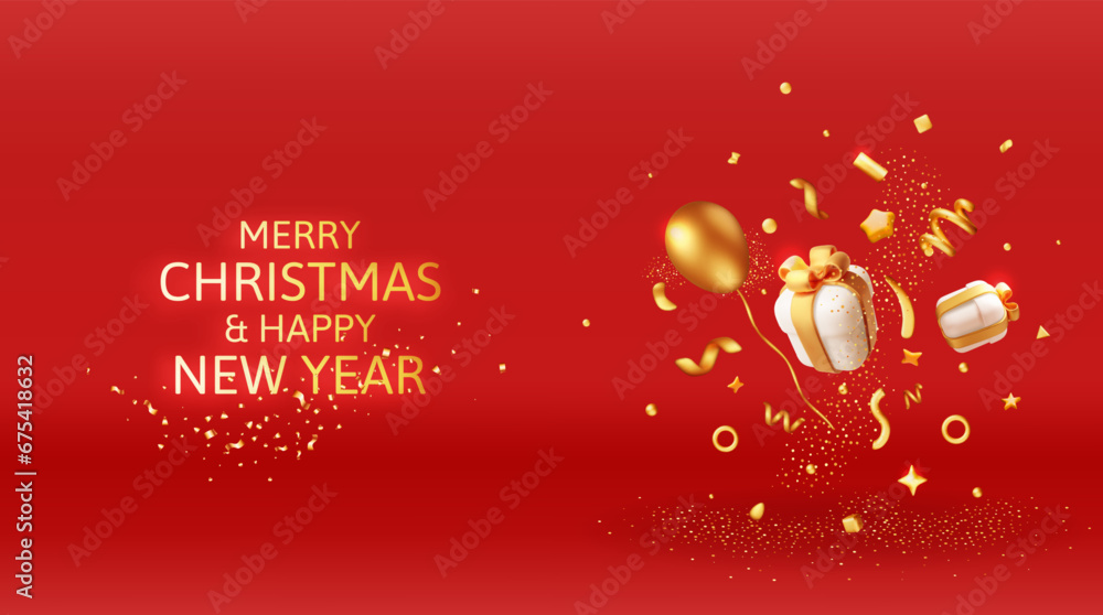 Naklejka premium 3D Party Gold Confetti Banner. Render Golden Gift Box Confetti Collection. Metal Firecracker Elements in Various Shapes. Party, Holyday, Surprise or Birthday Events. Vector Illustration