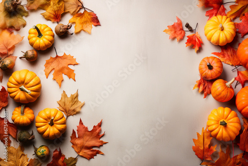orange pumpkins harvest with fall leaves and berries frame on blue table with copy space