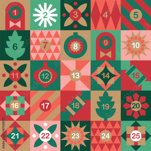 Advent calendar with christmas decorations and christmas trees in geometric modern style