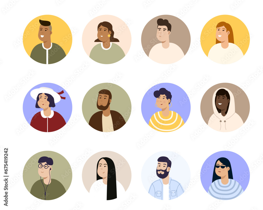 Modern circle avatars set. Characters faces, head portraits. Women and men heads in flat style. Vector illustration EPS10 Modern circle avatars set. Characters faces, head portraits. Women and men heads in flat style. Vector illustration EPS10