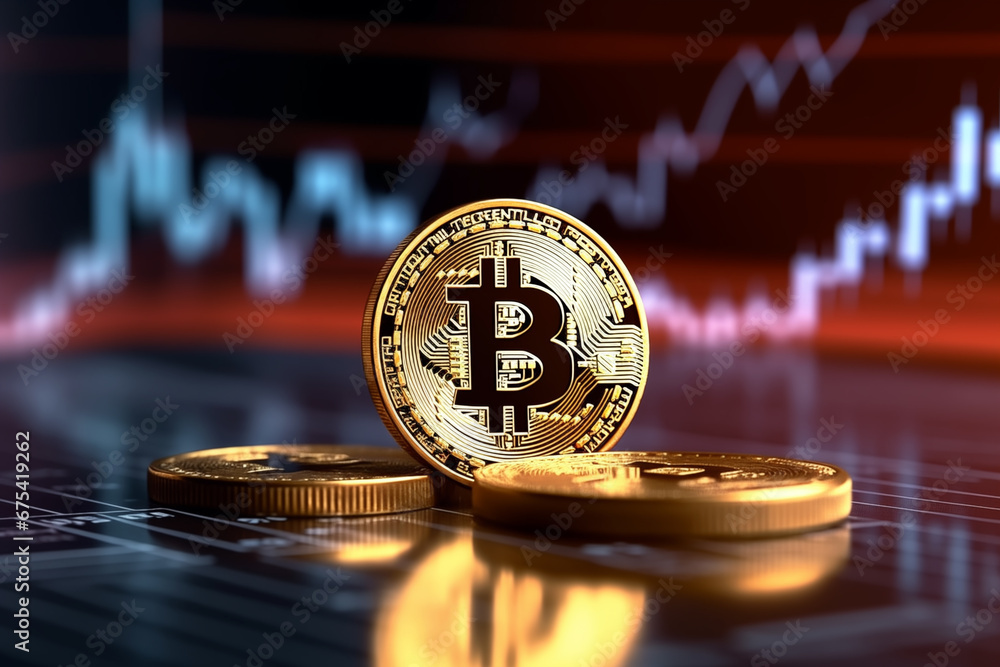 Bitcoin on the Rise against the backdrop of an illuminated stock market graph. Digital Currency Market Concept Bitcoin on the Rise against the backdrop of an illuminated stock market graph. Digital Currency Market Concept