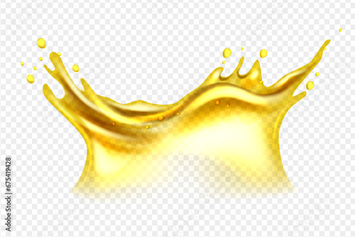 Orange, lemon juice or oil splashes, liquid yellow drink streams with drops. Vector realistic liquid waves of falling and flowing beer, orange, mango or lemon juice, oil, soda or honey