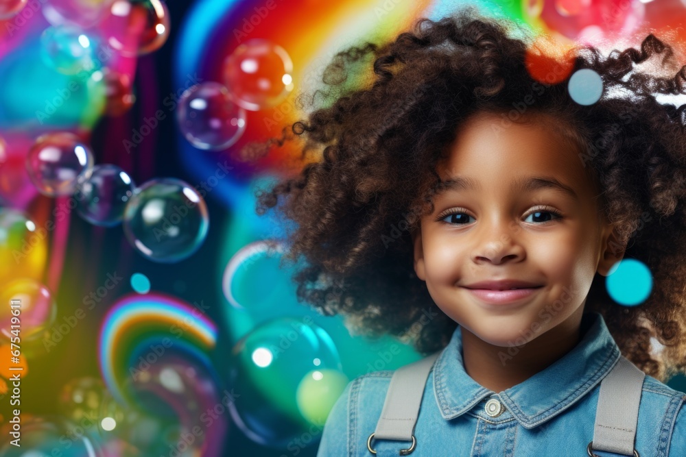 happy african american child girl on colorful background with rainbow soap balloon with gradient happy african american child girl on colorful background with rainbow soap balloon with gradient