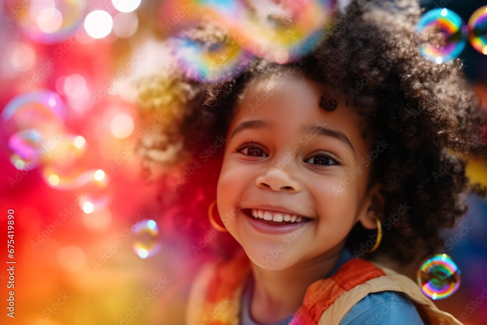 happy smiling african american child girl on colorful background with rainbow soap balloon with gradient happy smiling african american child girl on colorful background with rainbow soap balloon with gradient