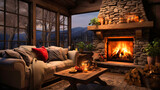 Cozy cabin interior with a roaring fireplace and plush furnishings